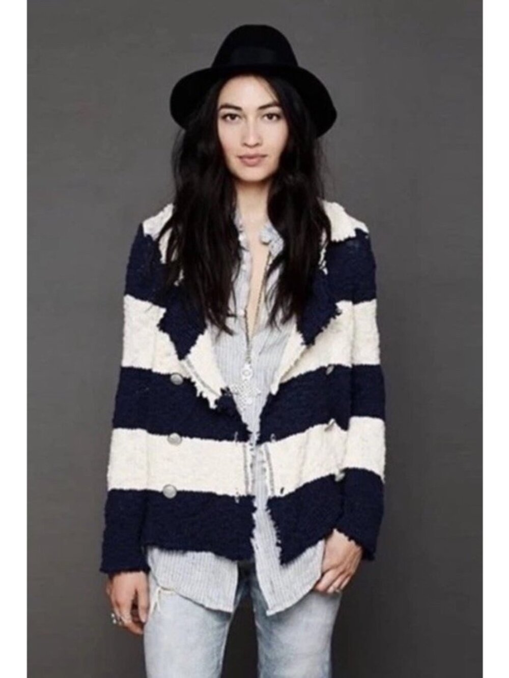FREE PEOPLE Coat of Arms navy cream striped sweater distressed preppy S